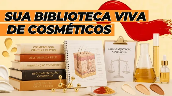 Livros de cosmetologia, anatomia da pele, formulação e regulamentação ao lado de vidraria de laboratório e amostras de maquiagem